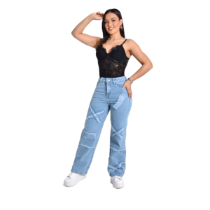 jean wide leg con parches azul claro